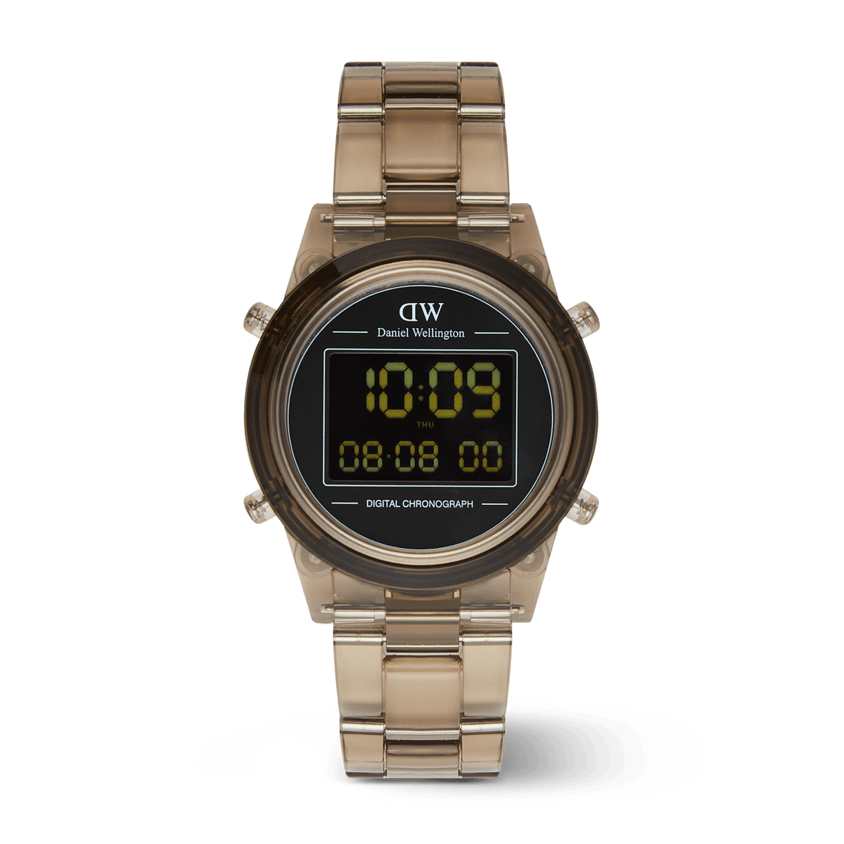 Retro Digital Dark Brown Dark Brown watch featuring a transparent dark brown link strap, round case, and minimalist black digital display with chronograph and dual time functions.