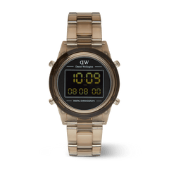 Retro Digital Dark Brown Dark Brown watch featuring a transparent dark brown link strap, round case, and minimalist black digital display with chronograph and dual time functions.