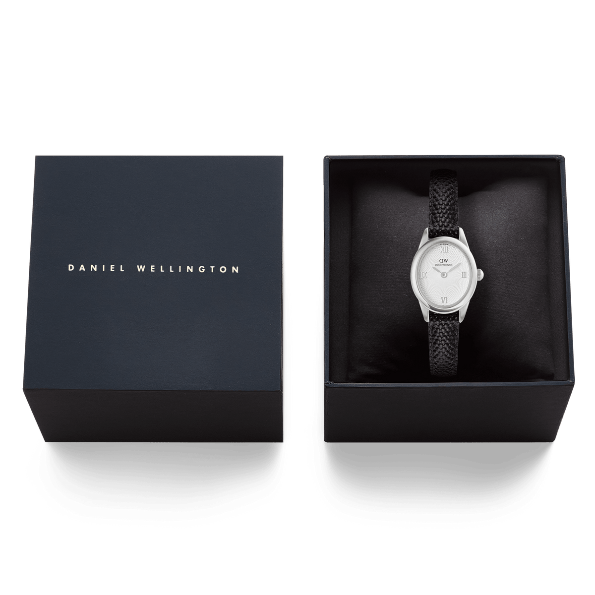 Ophelia Mini Black Lizard White Guilloché Silver ladies watch presented in a sleek black Daniel Wellington gift box, highlighting its elegant oval dial and textured black leather strap.