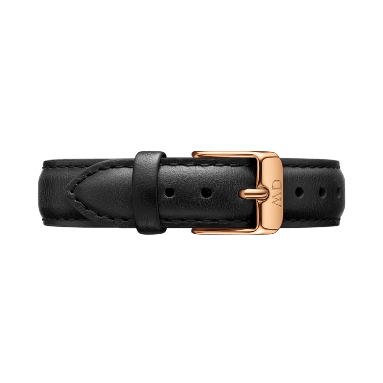 Sheffield Strap Rose Gold features a classic black genuine leather design with neat stitching and a polished rose gold buckle, offering a modern and versatile look for any watch.