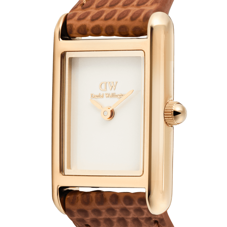 Close-up of the Daniel Wellington Bound Mini Light Brown Lizard Rose Gold watch, showing the rectangular rose gold case, minimalist white dial, and textured brown leather strap with fine lizard grain detail.