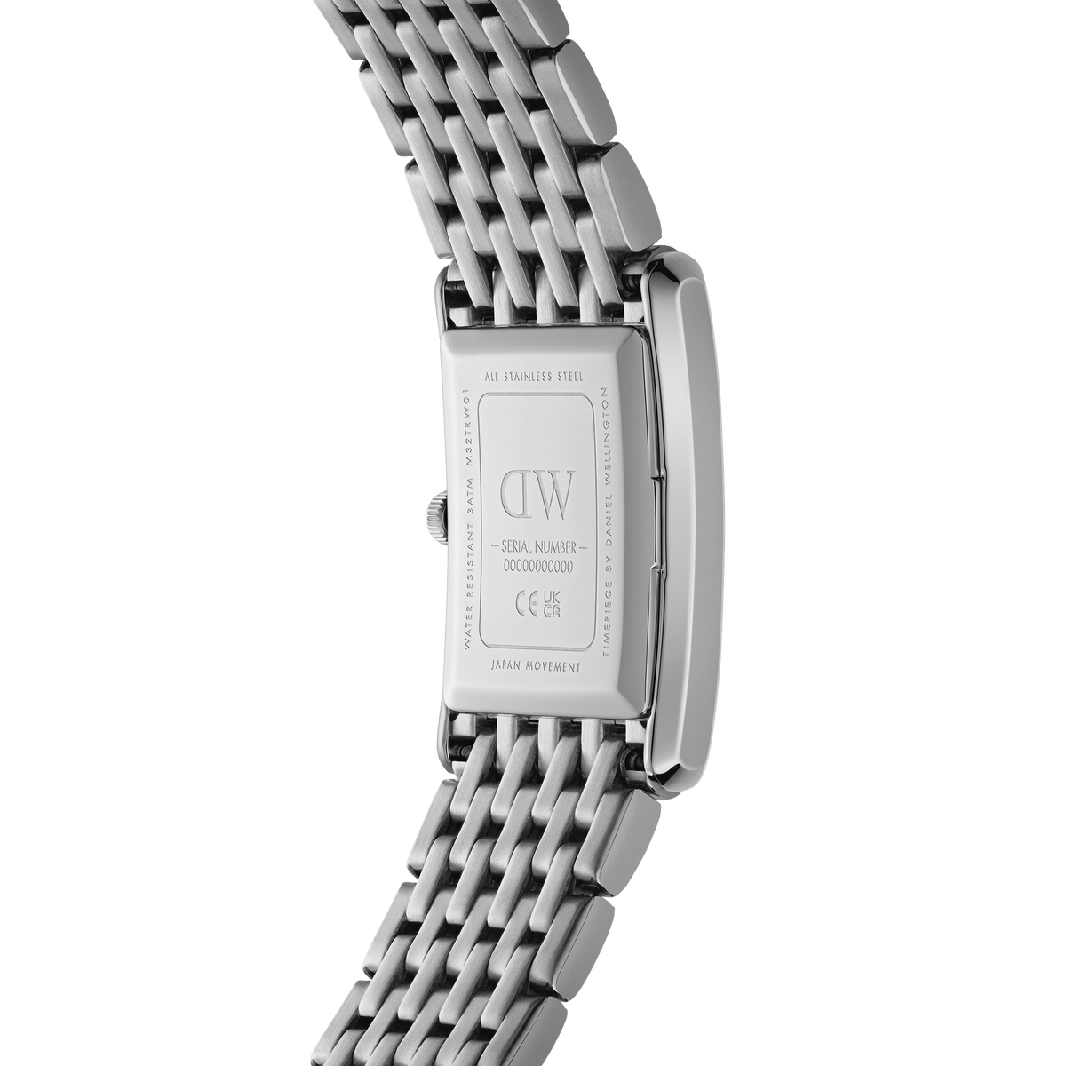 Rectangular stainless steel case and five-link silver strap of the Quadro Roman Numerals 5-Link Silver watch, showing the engraved back with Japanese movement details and water resistance marking.
