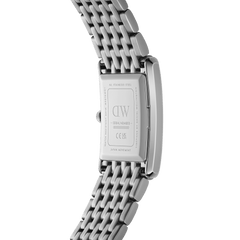 Rectangular stainless steel case and five-link silver strap of the Quadro Roman Numerals 5-Link Silver watch, showing the engraved back with Japanese movement details and water resistance marking.