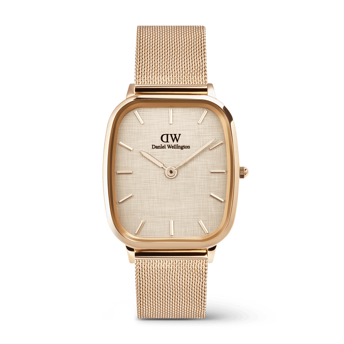 Men’s Marlon Melrose Linen watch featuring a cushion-shaped rose gold stainless steel case, linen-textured dial, minimalist hour markers, and a matching rose gold mesh strap with clasp buckle.