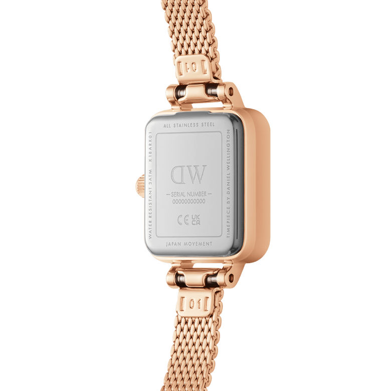 Back view of the Quadro Mini Lumine Bezel Rose Gold ladies watch, showing the stainless steel case, engraved details, and rose gold mesh strap with secure clasp.