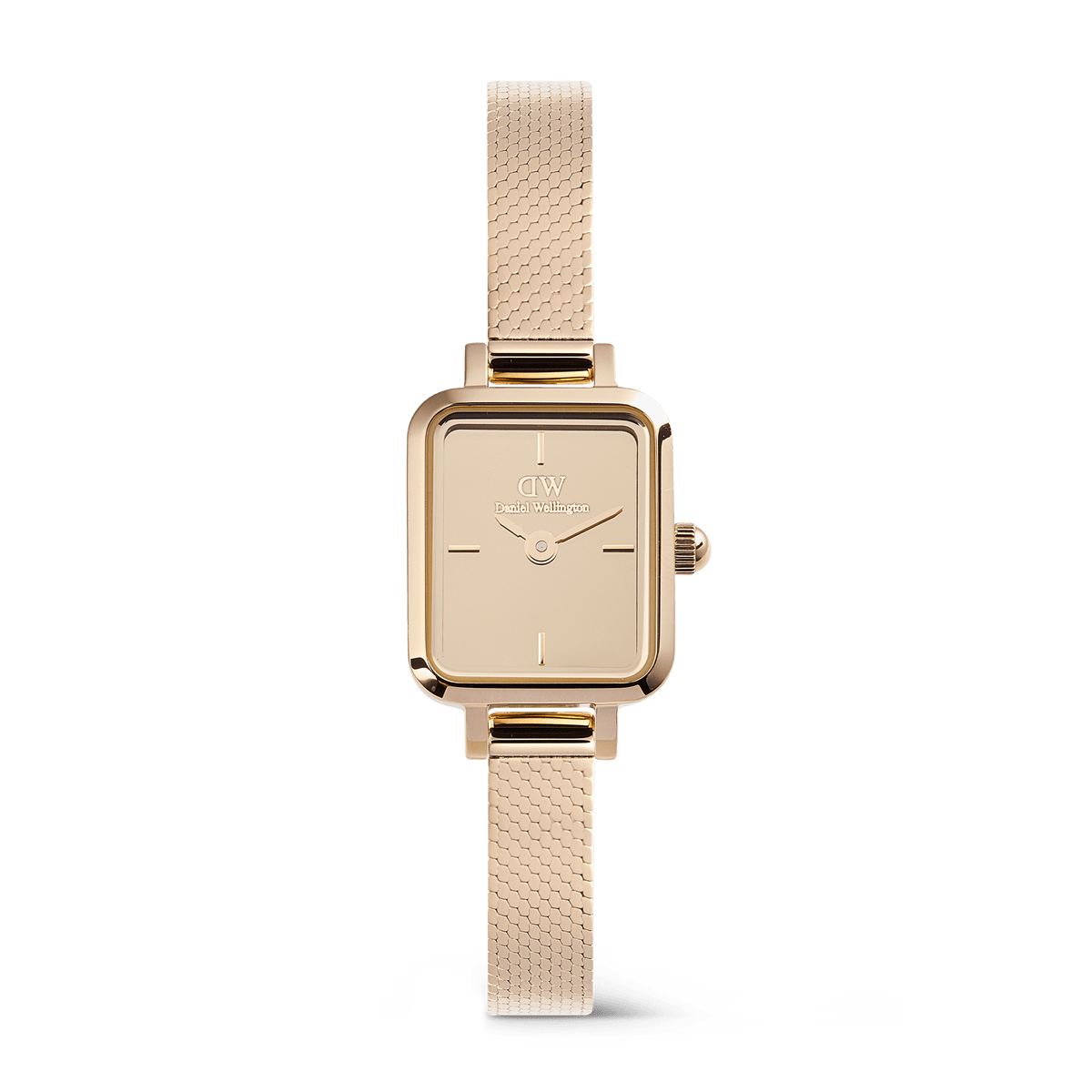 Quadro Mini Reflection Rose Gold ladies watch featuring a slim rectangular case, mirror-effect dial, and polished rose gold mesh strap, designed for petite wrists and everyday elegance.