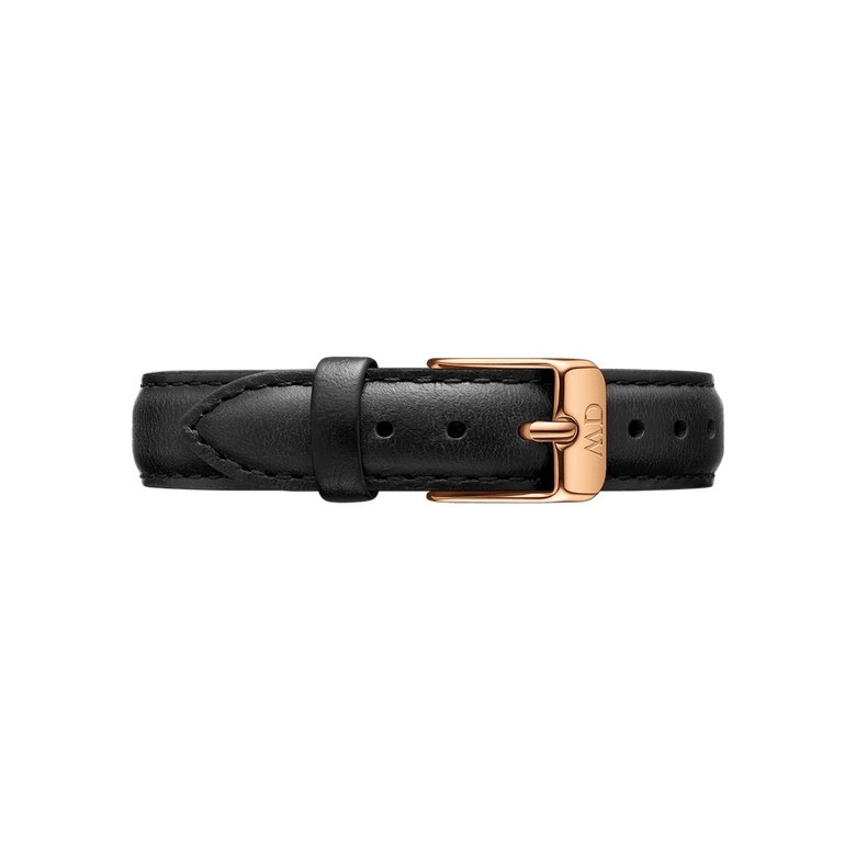 Sheffield Strap Rose Gold in black genuine leather with fine stitching and a rose gold buckle, designed to fit a range of watch sizes for a refined and versatile look.