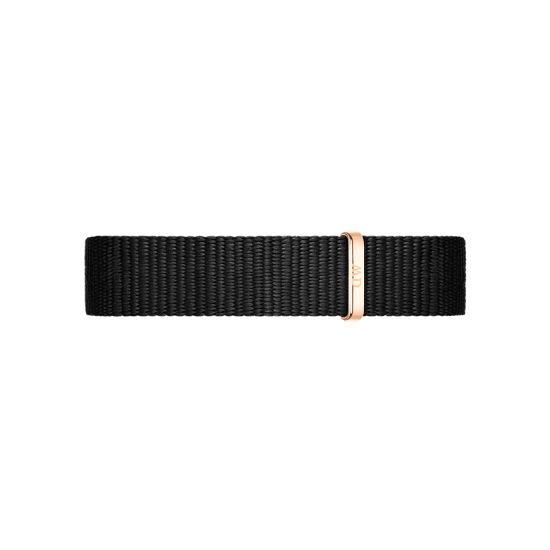 Cornwall Strap Rose Gold displays a minimalist black NATO-style watch strap in woven polyester, finished with a rose gold buckle for a contemporary and versatile look.