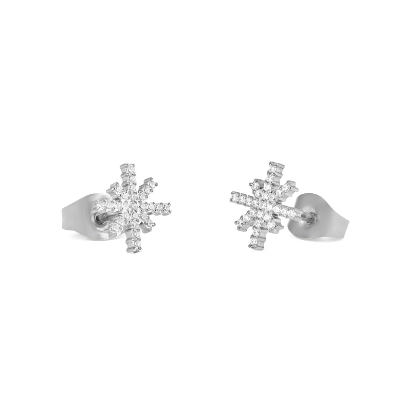 Mirelle Star Earring Silver shown with butterfly backs, featuring star-shaped studs adorned with white cubic zirconia crystals and a polished silver finish, highlighting their petite size and secure fit.