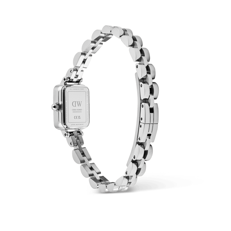Quadro Mini Arch 3-link Onyx Sunray Silver shown from the back, highlighting the engraved stainless steel case, slim three-link bracelet, and adjustable butterfly clasp.