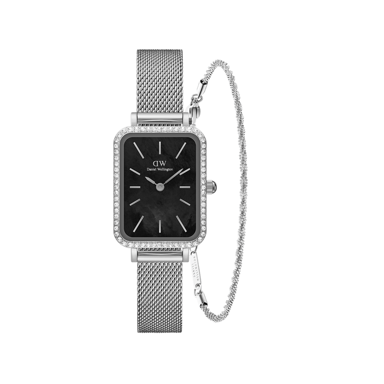 Rectangular silver mesh watch with a black dial and crystal bezel, paired with a delicate twisted silver bracelet, both crafted from stainless steel for a modern, elegant look.