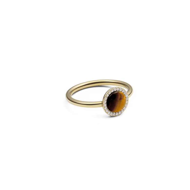 Audrey Ring Tiger Eye Gold featuring a slim gold band, oval tiger eye gemstone, and a halo of white cubic zirconia crystals, highlighting its elegant and modern design.