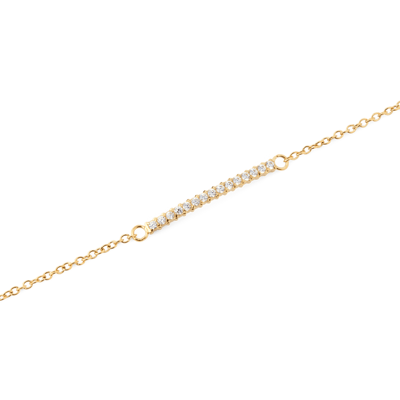 Close-up of the Mirelle Eternity Bracelet Gold, highlighting the slim gold chain and the delicate bar set with sparkling white cubic zirconia stones for a refined, minimalist look.