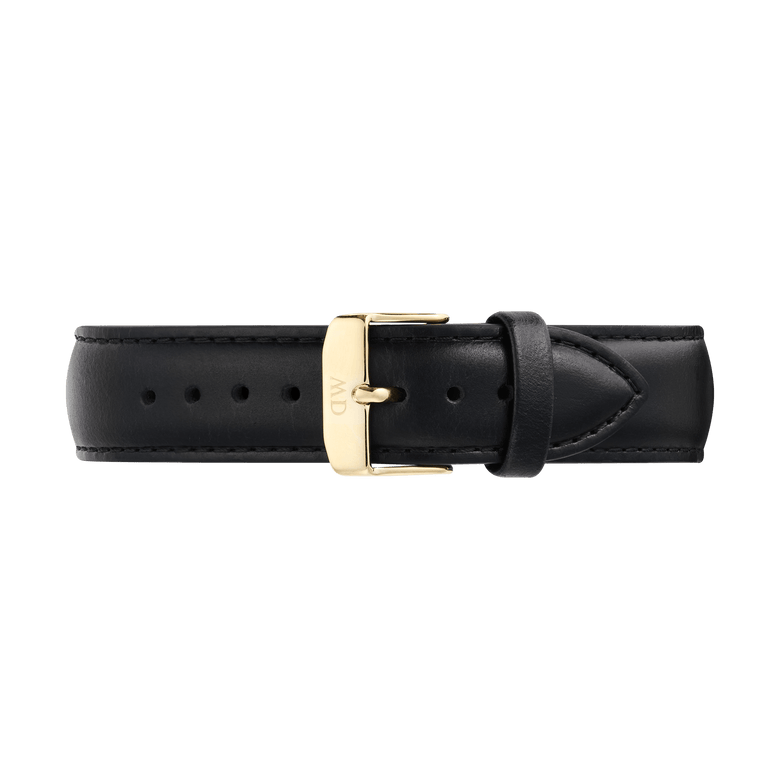 Black leather watch strap with a tapered design and polished gold buckle, featuring subtle stitching and a smooth finish, suitable for a 21mm fit.