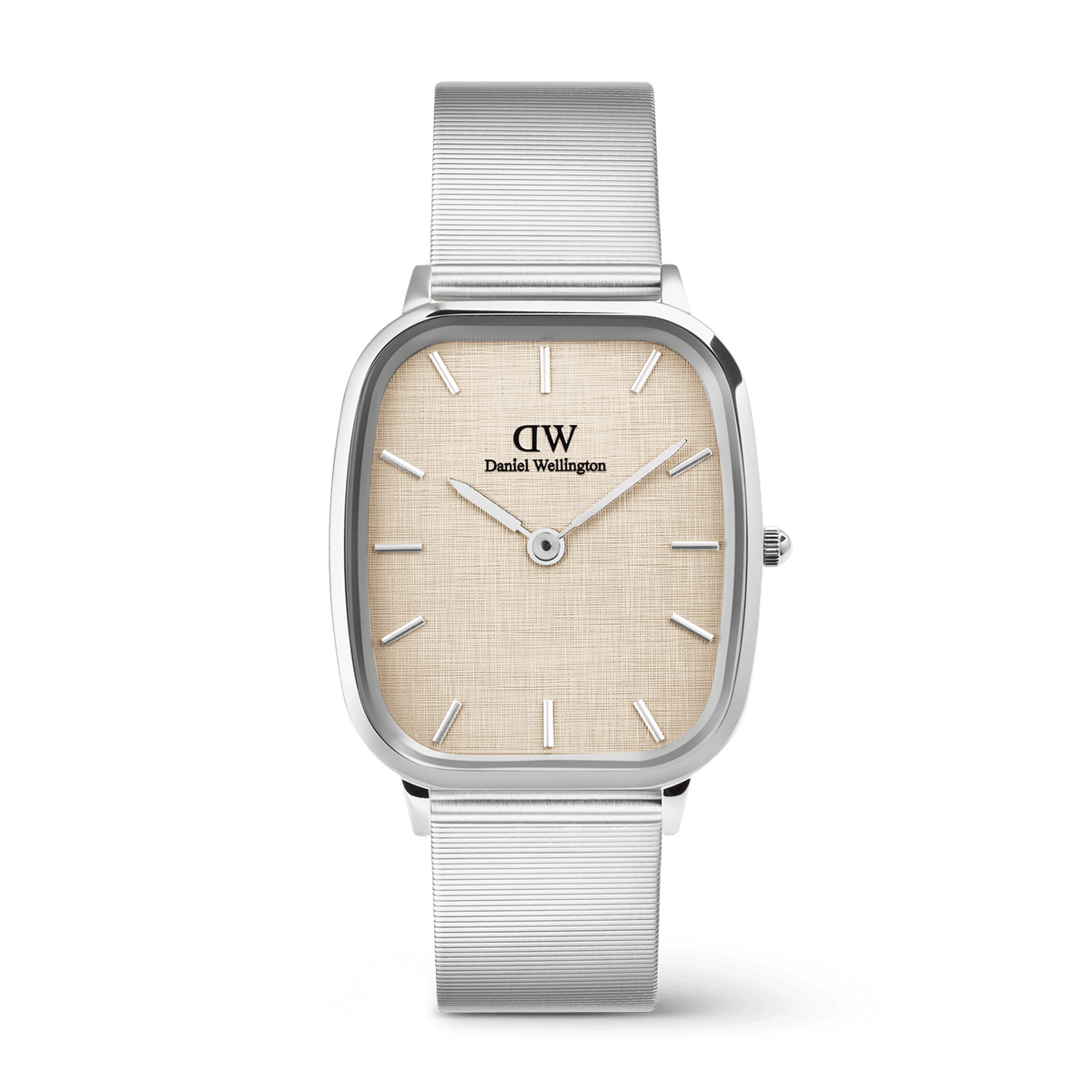 Marlon Wire Linen Silver men’s watch with a rectangular stainless steel case, soft yellow linen-textured dial, minimalist hour markers, and a silver mesh strap.