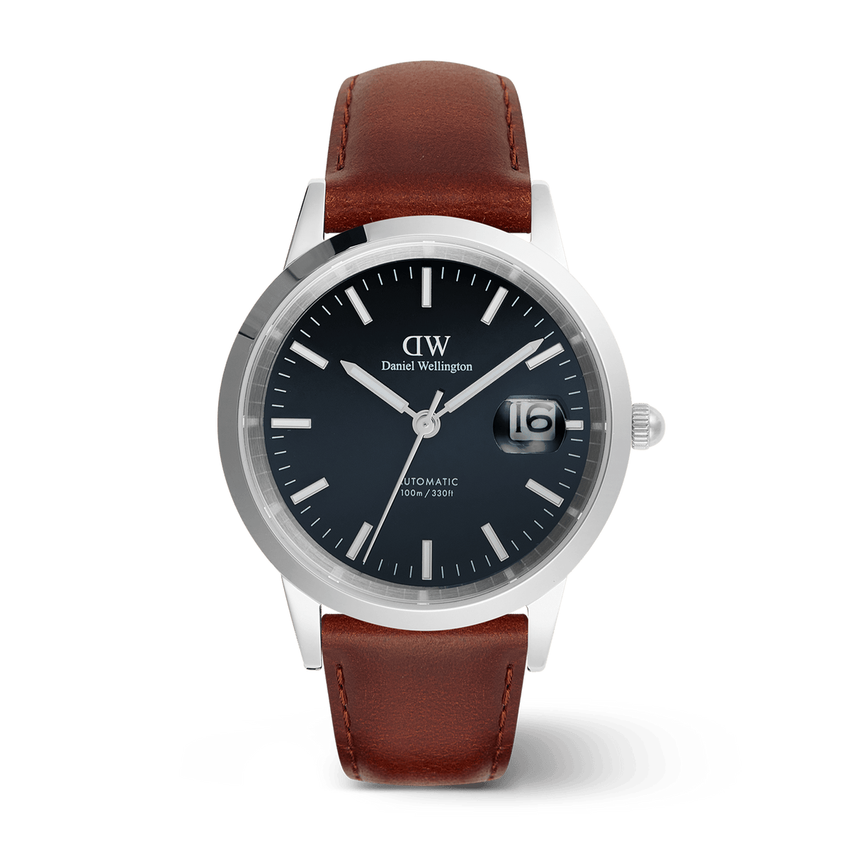 Men’s automatic watch with a polished silver case, arctic blue enamel dial, glow-in-the-dark markers and hands, and a brown Italian leather strap.
