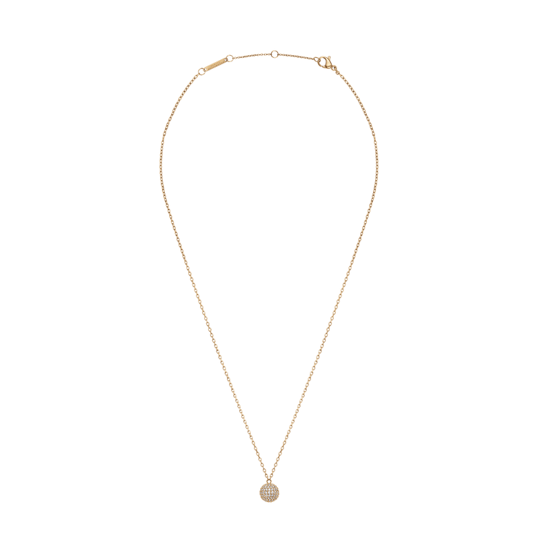 Gold Pavé Crystal Pendant Necklace featuring a delicate gold chain and a sphere-shaped pendant set with sparkling cubic zirconia crystals, shown against a plain background.