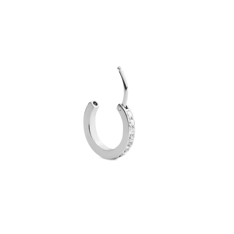 Crystal Hoop Earring Silver with an open clasp, featuring a row of cubic zirconia crystals set in stainless steel for a modern, minimalist look.