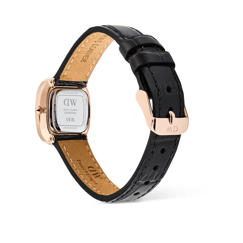 Rear view of the Margot Reading Onyx Ceramic Rose Gold ladies watch, showing the rose gold case back, pressed croc black leather strap, and rose gold pin buckle with engraved detail.
