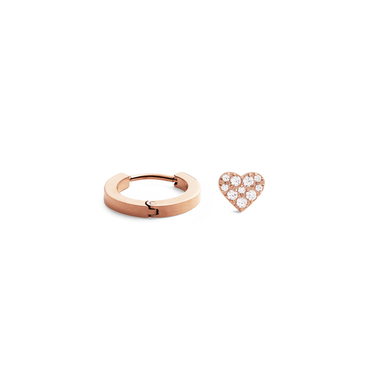 Rose gold hoop earring and crystal heart stud from the Hoop + Crystal Heart Stud Rose Gold Set, featuring a smooth finish and sparkling clear crystals for a modern, versatile look.