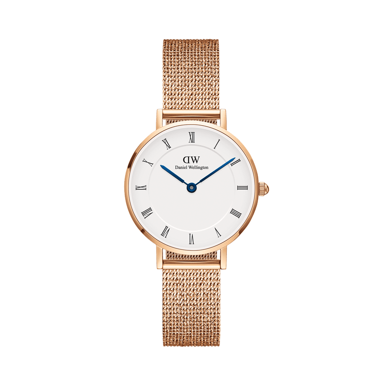 Rose gold ladies watch with a slim mesh strap, white Roman numeral dial, and blue steel hands, featuring the Petite Roman Numerals Melrose design from Daniel Wellington.