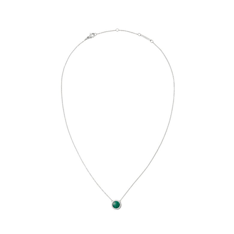 Silver Audrey Necklace Malachite features a delicate chain with a domed green malachite pendant framed by white cubic zirconia, offering a modern yet timeless look suitable for everyday wear or special occasions.