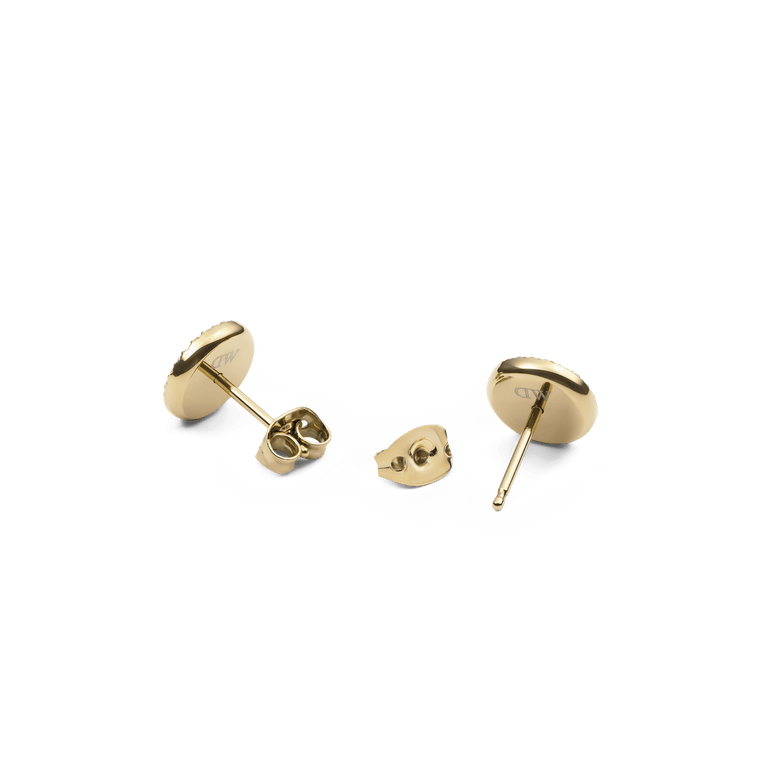 The backs of Daniel Wellington Audrey Earrings Tiger Eye Gold, showing the polished gold finish, secure stud posts, and butterfly clasps designed for comfortable daily wear.