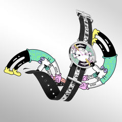 Steven Harrington x Daniel Wellington limited edition 36mm watch with a colourful psychedelic-pop dial and a black and white NATO strap, shown with playful illustrated arms wrapping around the strap for a creative and modern art-inspired look.