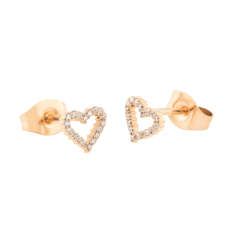 Mirelle Heart Earring Rose Gold studs with an open heart design, crafted in rose gold and set with white cubic zirconia crystals, shown with secure butterfly backs.