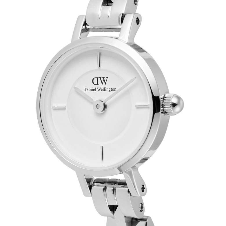 Close-up of the Petite Mini Arch 3-link White Silver watch showing its minimalist white dial, polished silver indices, and arched stainless steel three-link bracelet with a refined, modern finish.