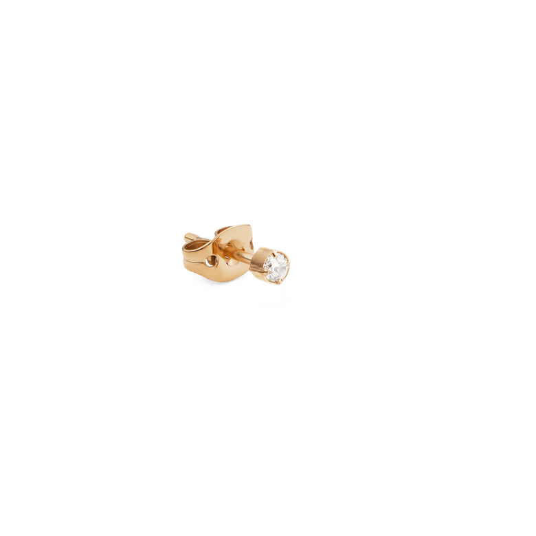 Crystal Stud Gold stud earring features a round cubic zirconia crystal in a secure gold-plated claw setting with a butterfly back, highlighting its delicate and minimalist design suitable for sensitive ears.