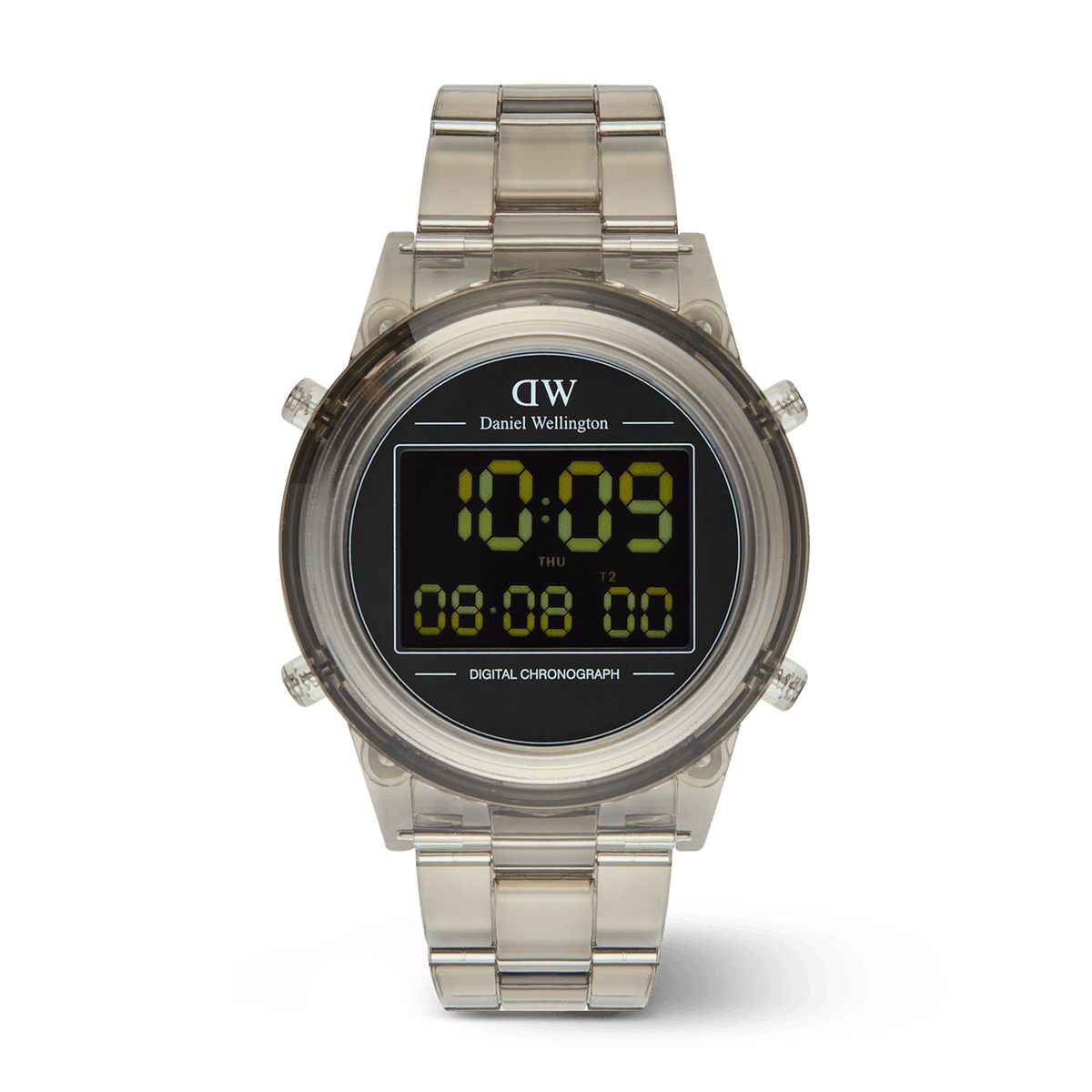 Retro Digital Light Grey Light Grey watch featuring a transparent light grey link strap, round case, and clear digital display with chronograph and dual time functions.
