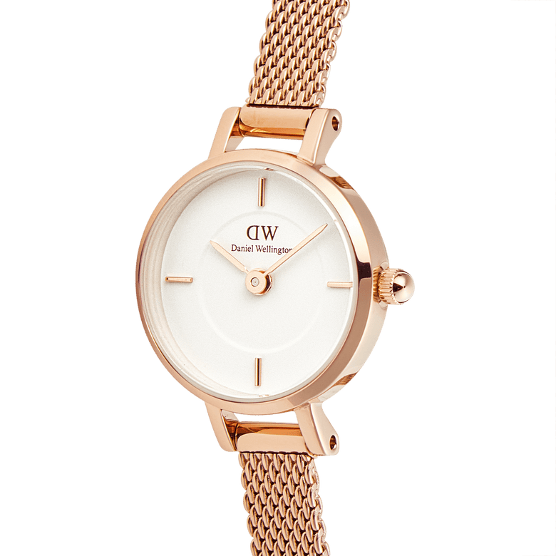 Petite Mini Melrose ladies watch with a 19mm round white dial and a rose gold mesh strap, featuring minimalist hour markers and a slim, elegant design suitable for everyday wear.