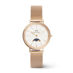 Rose gold Petite Lune Melrose ladies watch with a mesh strap, white dial, and moon-phase sub-dial, featuring elegant proportions and a refined finish suitable for both formal and casual wear.