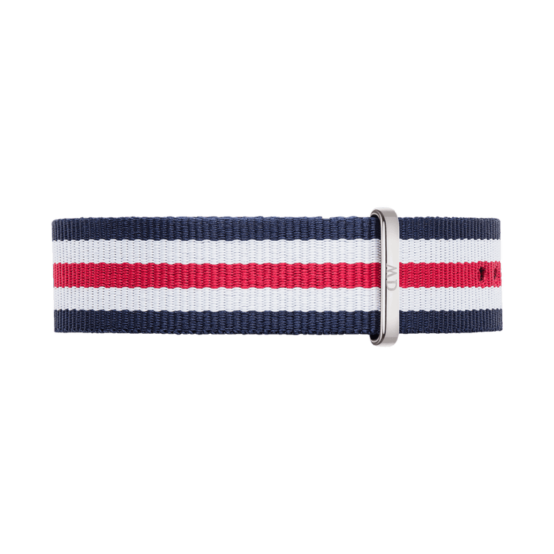 Canterbury Strap Silver featuring navy, white, and red stripes with a polished silver buckle, designed as a comfortable and durable NATO style watch strap for easy daily wear.