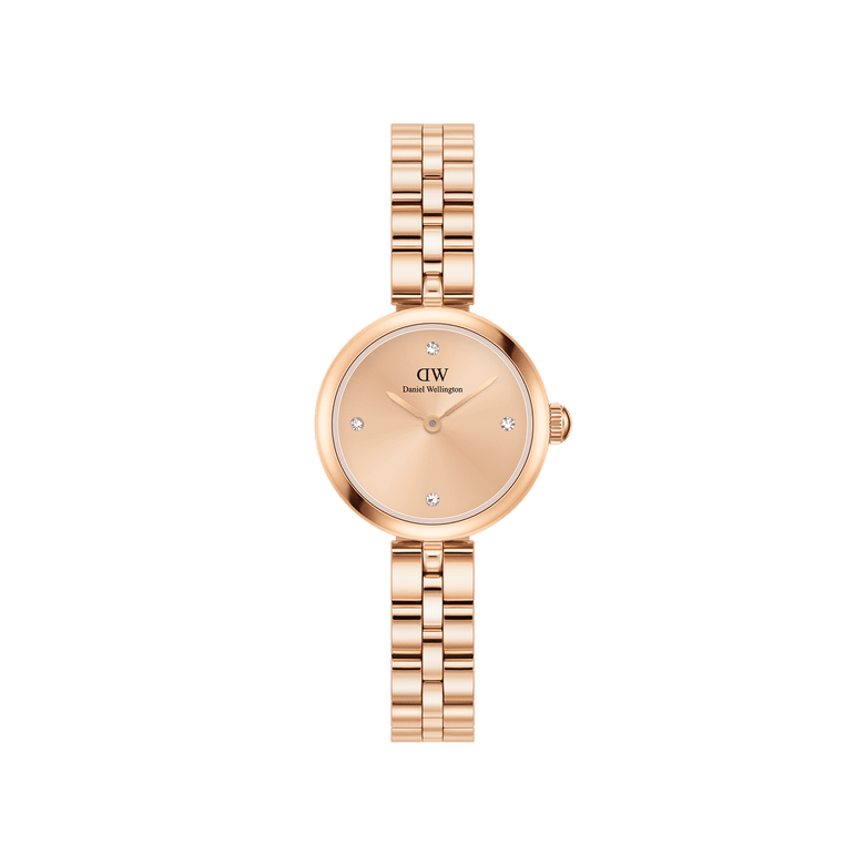 Elan Lumine Unitone Rose Gold ladies watch with a petite round case, crystal-dotted dial, and slim rose gold three-link bracelet, featuring a minimalist design ideal for everyday wear.