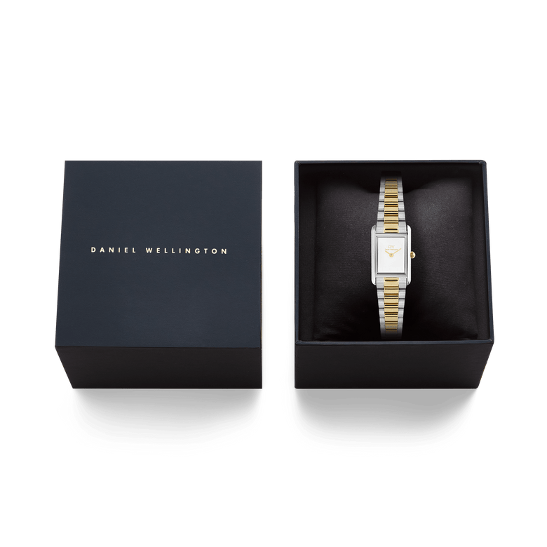 Bound Mini 3-Link Two Tone Gold watch presented in a black Daniel Wellington gift box, featuring a rectangular white dial and a gold and silver 3-link bracelet, ideal for gifting or special occasions.