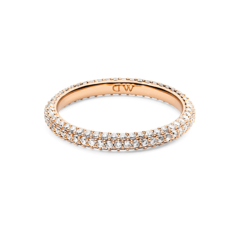 Elegant Pavé Ring Rose Gold 3 mm featuring a slim rose gold band set with three rows of sparkling white cubic zirconia crystals, perfect for stacking or wearing alone.