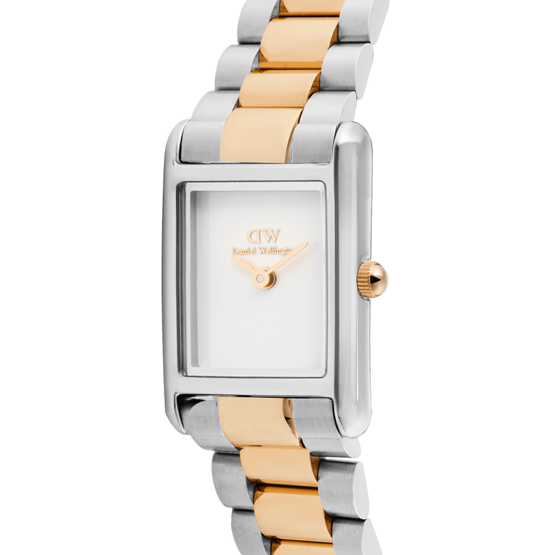 Close-up of the Daniel Wellington Bound Mini 3-Link Two Tone Rose Gold watch, showing the rectangular silver and rose gold case, minimalist white dial, and polished three-link bracelet.