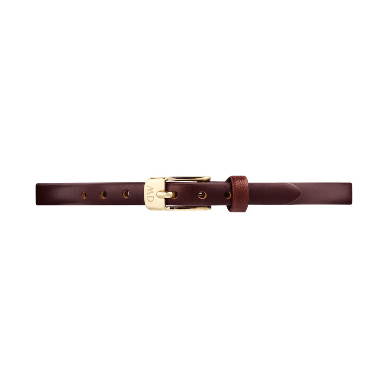 Slim brown genuine leather watch strap for women with a polished gold pin buckle, designed for smaller watch faces and featuring a smooth finish for a refined, versatile look.