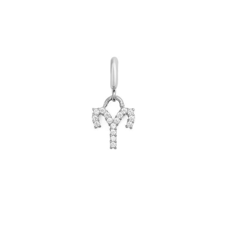 Silver Aries zodiac watch charm featuring sparkling cubic zirconia crystals, designed with a minimalist silhouette and a claw setting for secure attachment to Daniel Wellington Zodiac watches or straps.