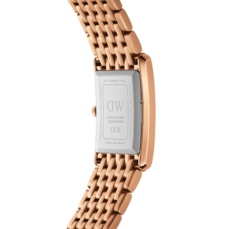 Back view of the Bound 9-Link Emerald Sunray ladies watch, showing the stainless steel case, engraved details, and the integrated rose gold 9-link bracelet.