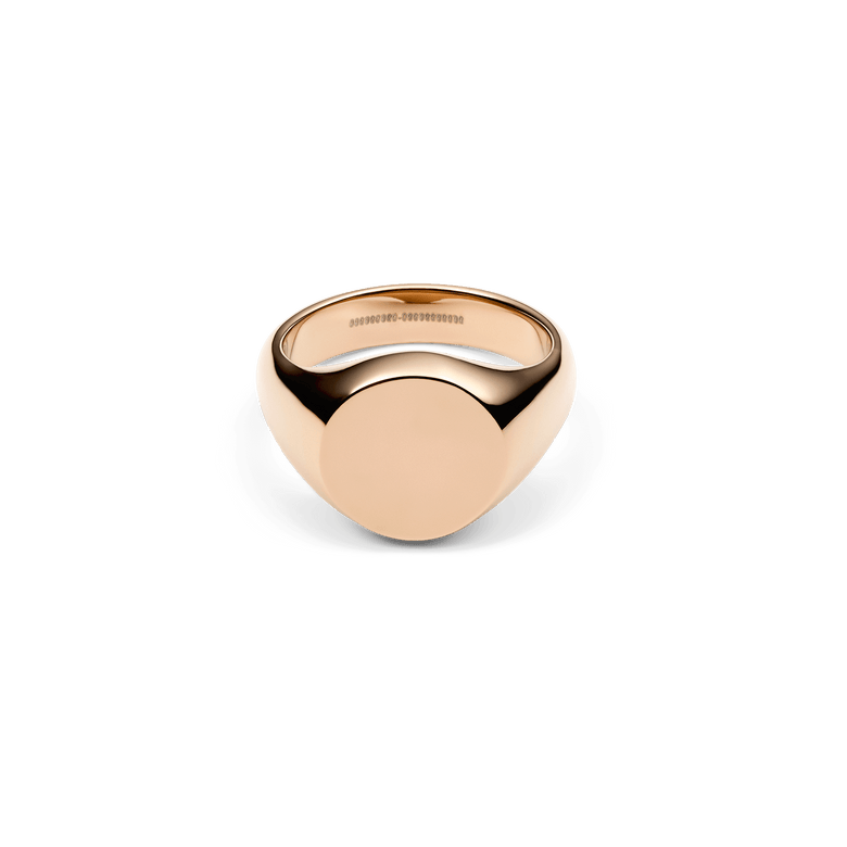 Polished rose gold signet ring with a broad, smooth face and minimalist design, crafted from stainless steel with a comfortable inner band.