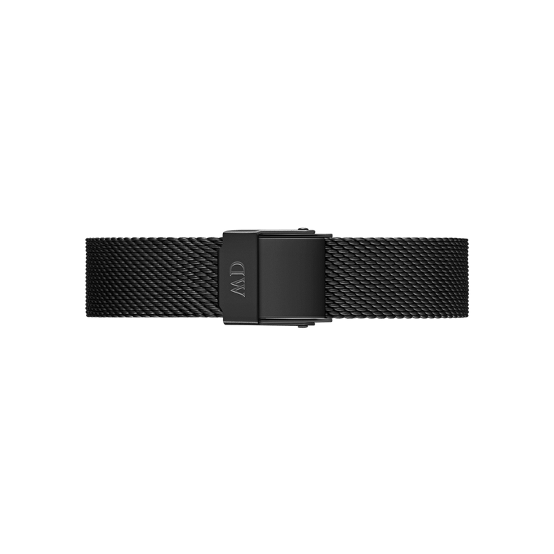 Matte black mesh watch strap with a fine woven texture and a fold-over clasp, designed for Daniel Wellington watches and suitable for both casual and formal wear.