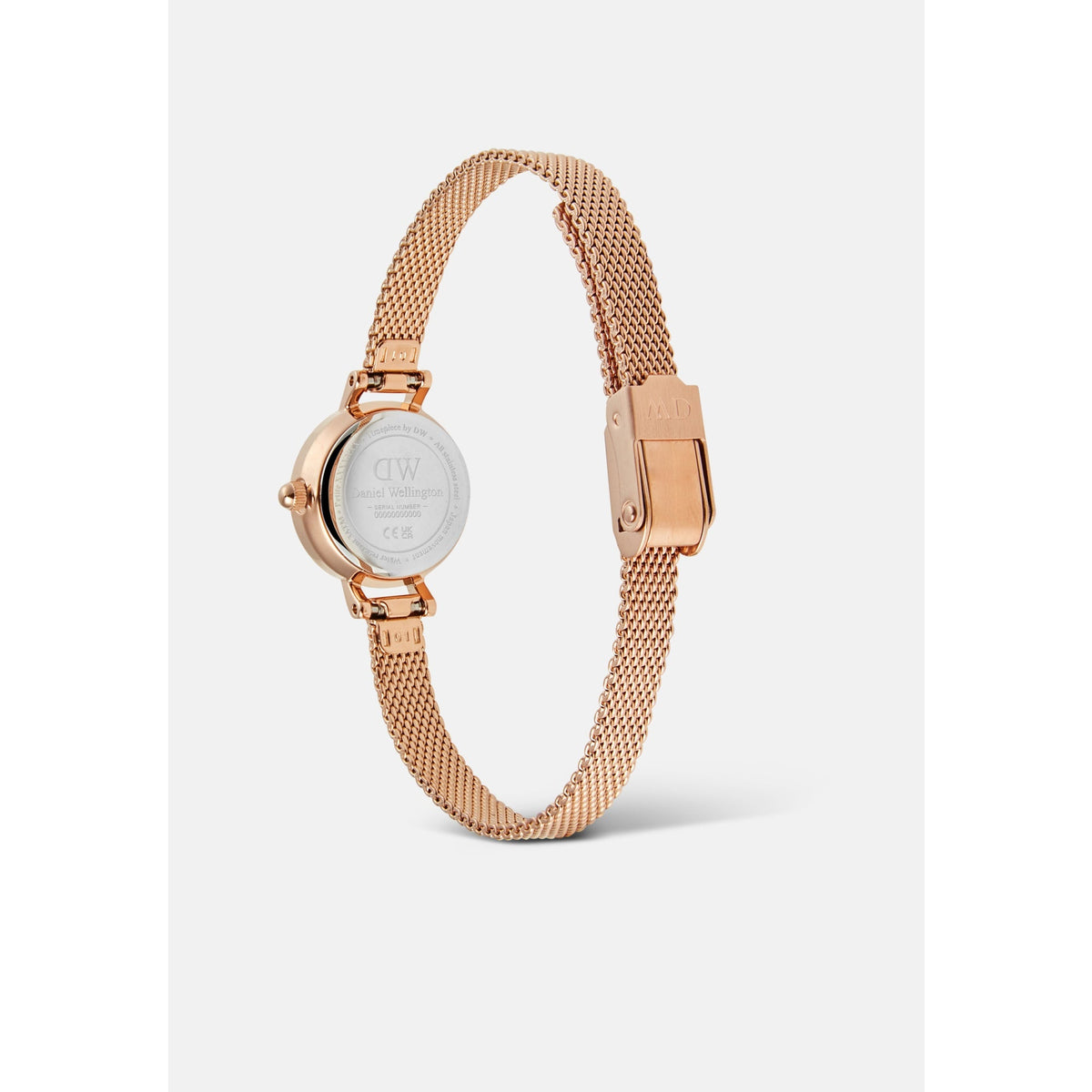 Rear view of the Petite Mini Melrose ladies watch showing the stainless steel case back and adjustable rose gold mesh strap with a secure clasp, highlighting its durable and refined construction.