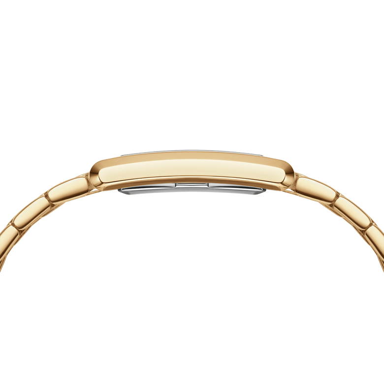 Side profile of the Bound 9-Link Gold watch highlighting the slim rectangular gold case and the seamless integration of the gold bracelet.