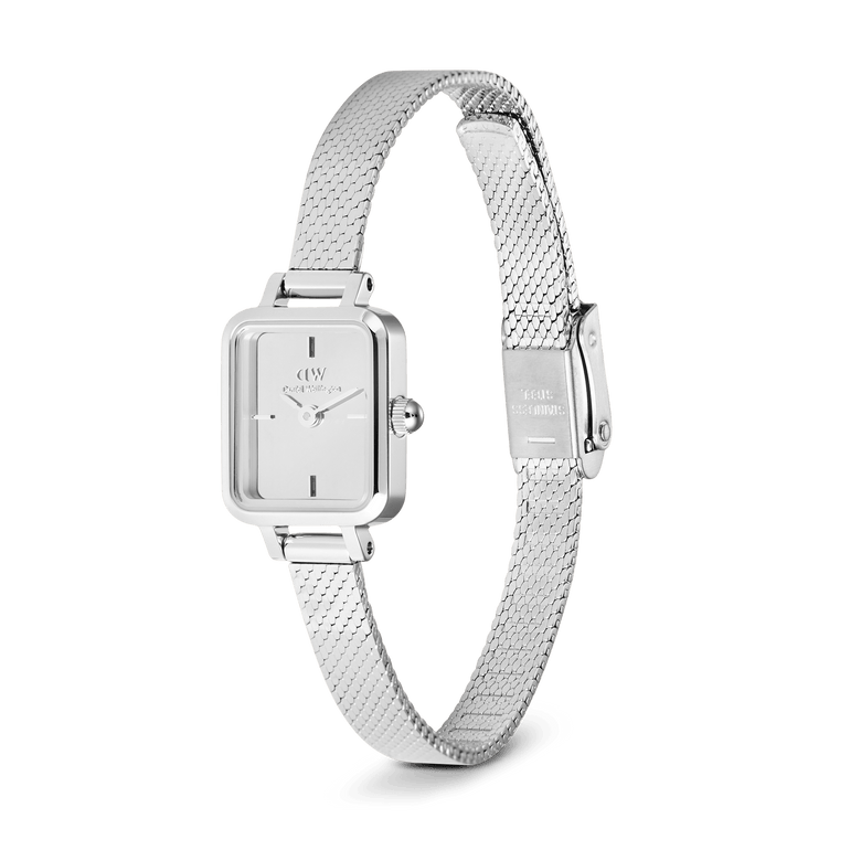 Quadro Mini Reflection Silver ladies watch with a slim rectangular case, minimalist silver dial, and an adjustable polished mesh strap, crafted from 316L stainless steel for a refined and modern finish.