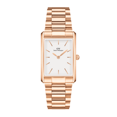 Bound 3-Link Rose Gold watch with a rectangular case, minimalist white dial, and polished rose gold 3-link bracelet, ideal for pairing with both formal and casual outfits.