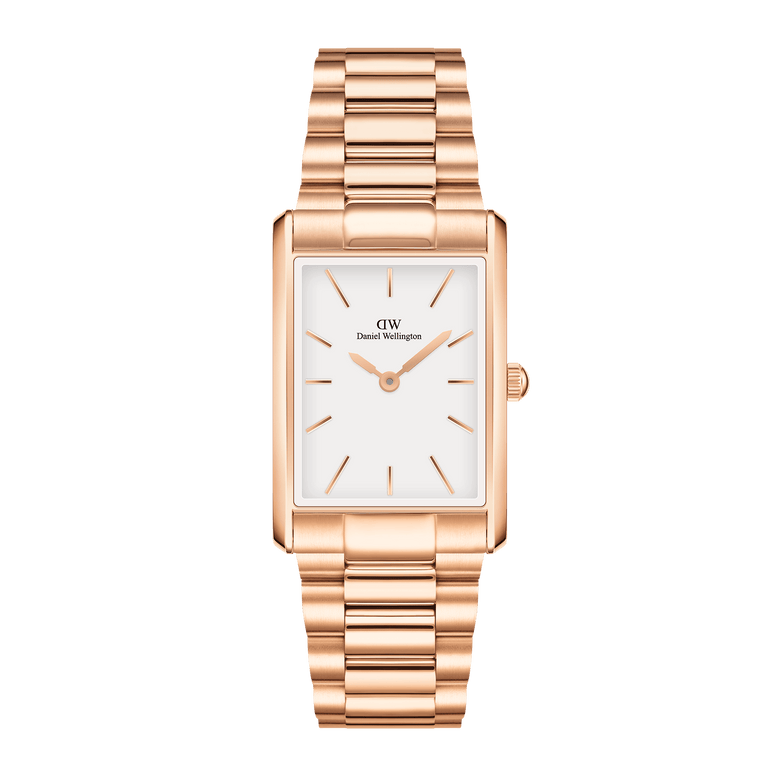 Bound 3-Link Rose Gold watch with a rectangular case, minimalist white dial, and polished rose gold 3-link bracelet, ideal for pairing with both formal and casual outfits.