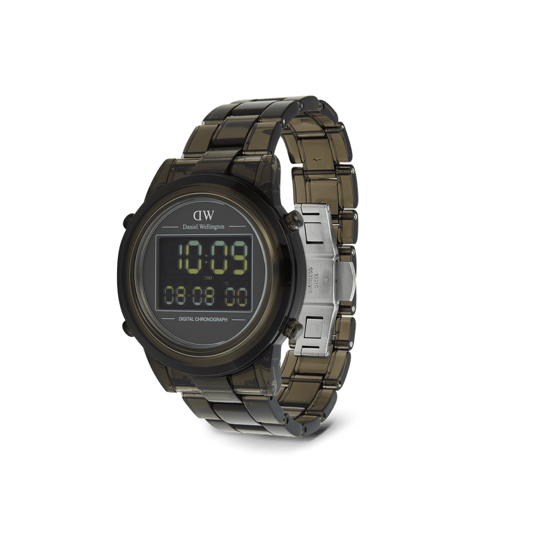 Daniel Wellington Retro Digital Dark Grey Dark Grey watch featuring a bold dark grey finish, square digital display, and a transparent bio-based plastic link strap with a secure butterfly clasp.